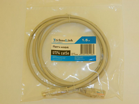 Патч-корд Technolink UTP4 cat 5е, 1,5м, ВС, серый, литой коннектор T.BC.UTP.5e-1.5m-2