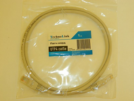 Патч-корд Technolink UTP4 cat 5e, 1,0м, ВС, серый, литой коннектор T.BC.UTP.5e-1.0m-2